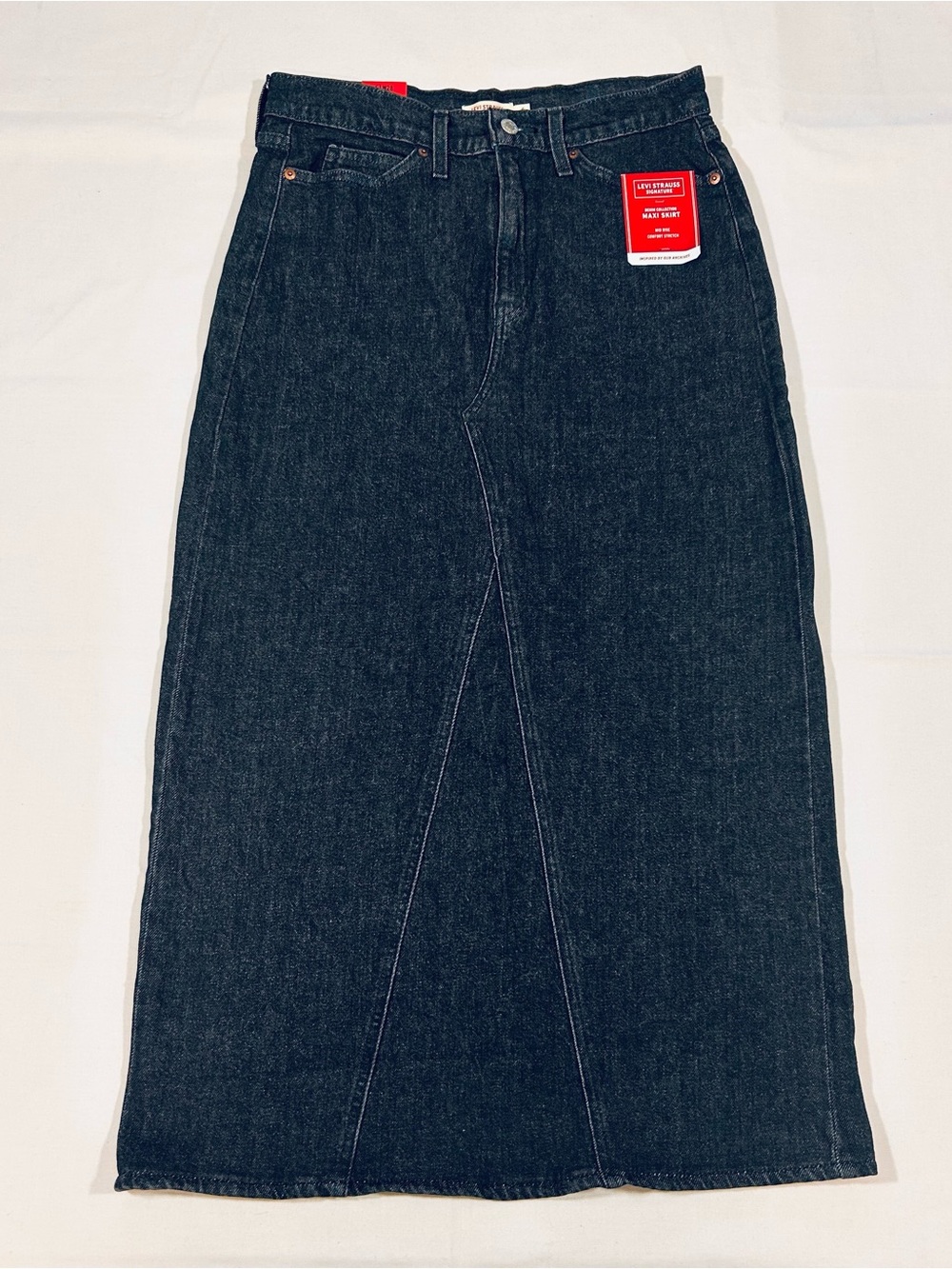 NWT Levi Strauss Actual 30 Mid Rise Charcoal Denim Maxi Skirt Open Back Hemmed